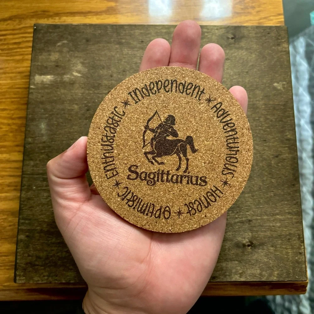 Sagittarius Zodiac Sign Encircled Laser Engraved Cork Coaster